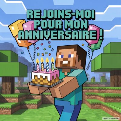 Un personnage de Minecraft porte un gâteau d'anniversaire avec des bougies, entouré de ballons colorés et d'un paysage pixelisé.