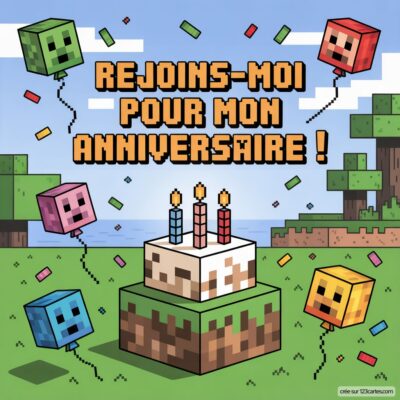 Invitation d'anniversaire virtuelle sur le thème Minecraft avec un gâteau, des ballons colorés et des personnages pixelisés.