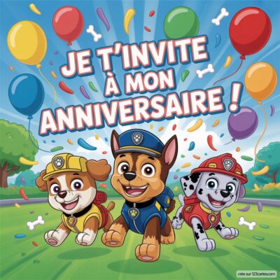 Image d'invitation d'anniversaire sur le thème Pat'patrouille, avec trois chiots joyeux et des ballons colorés, indiquant « Je t'invite à mon anniversaire ! ».