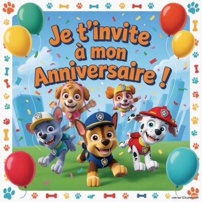 Invitation d'anniversaire pour enfants sur le thème Pat'patrouille, avec cinq chiots souriants et des ballons colorés.