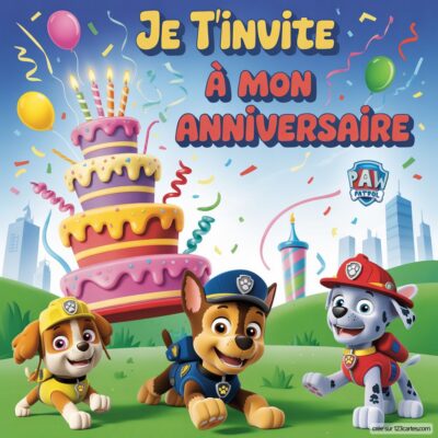 Invitation d'anniversaire virtuelle sur le thème Pat'patrouille, avec des chiens cartoon devant un grand gâteau coloré et des ballons.