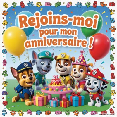 Invitation anniversaire virtuelle pour enfants, thème Pat'patrouille avec des chiots, un gâteau et des ballons colorés.