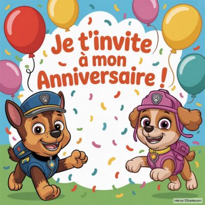 Invitation anniversaire virtuelle sur fond coloré avec deux chiots de Pat'patrouille, ballons et texte « Je t'invite à mon Anniversaire ! »