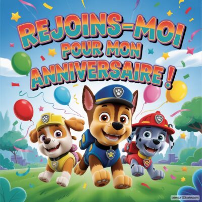 Invitation d'anniversaire virtuelle pour enfants avec les personnages de Pat'patrouille, décorée de ballons colorés et d'un paysage joyeux.