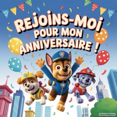 Invitation d'anniversaire virtuelle sur le thème Pat'patrouille avec les chiots Chase, Marshall et Rubble entourés de ballons colorés.