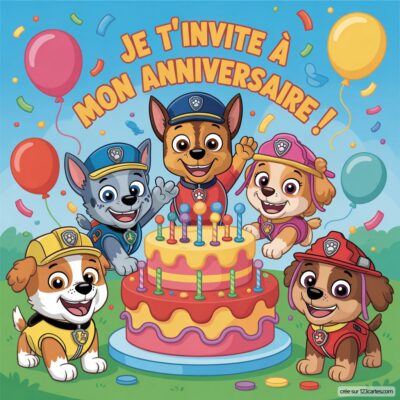 Invitation d'anniversaire virtuelle pour enfants, avec les personnages de Pat'patrouille autour d'un gâteau coloré et des ballons.