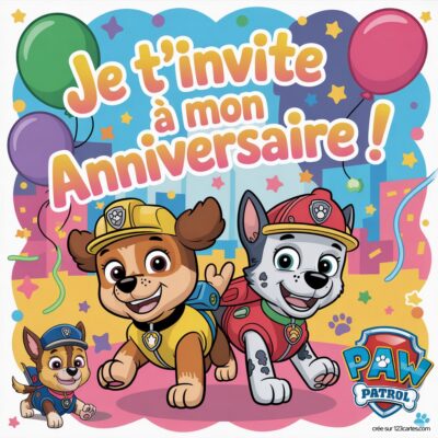 Invitation d'anniversaire virtuelle sur le thème Pat'patrouille, avec des chiots colorés et des ballons. Texte joyeux en arrière-plan.