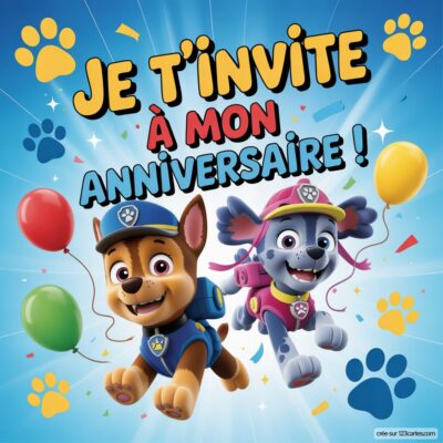 Invitation d'anniversaire virtuelle pour enfants sur le thème Pat'patrouille, illustrée par Chase et Skye avec des ballons colorés.