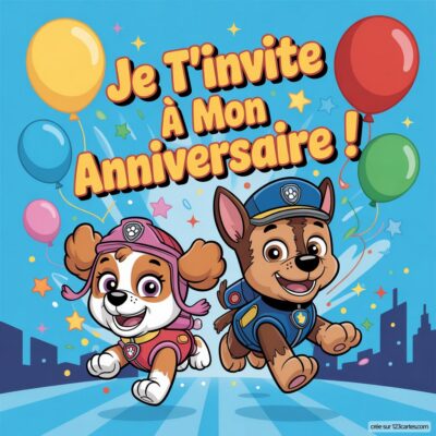 Invitation d'anniversaire virtuelle pour enfants, avec deux chiens de Pat'patrouille en action et des ballons colorés en arrière-plan.