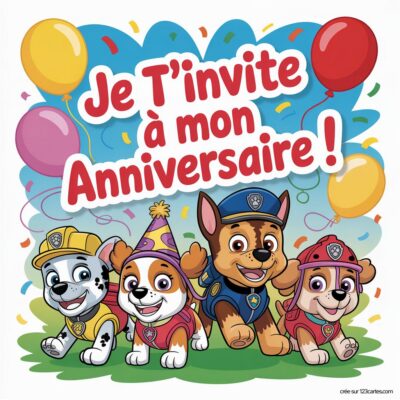 Invitation d'anniversaire virtuelle pour enfants avec quatre chiots de Pat'patrouille, ballons colorés et texte festif.