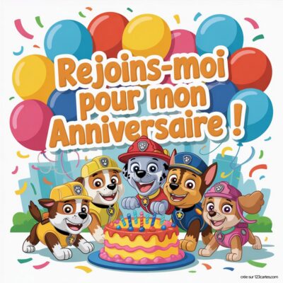 Image d'une invitation d'anniversaire virtuelle pour enfants sur le thème Pat'Patrouille avec des chiots, un gâteau et des ballons colorés.