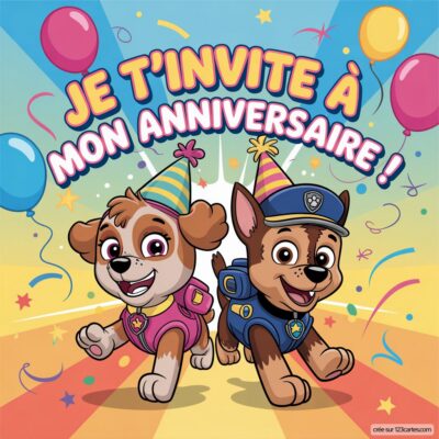 Invitation d'anniversaire virtuelle pour enfants, avec les personnages de Pat'patrouille, décorée de ballons colorés et de chapeaux.