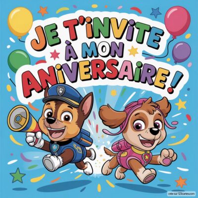 Invitation d'anniversaire virtuelle avec des personnages de Pat'patrouille, joyeux, entourés de ballons colorés et le texte « Je t'invite à mon anniversaire ! ».