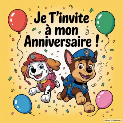 Invitation d'anniversaire pour enfants sur fond jaune avec les personnages de Pat'patrouille, des ballons et des confettis colorés.