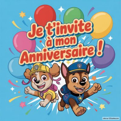 Invitation d'anniversaire virtuelle sur fond bleu, avec les personnages Pat'patrouille, Skye et Chase, entourés de ballons colorés.