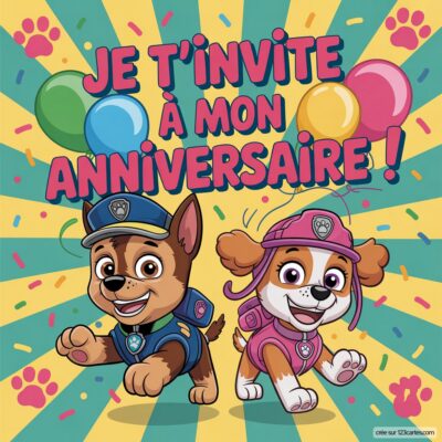 Invitation anniversaire virtuelle pour enfants avec les personnages de la Pat'patrouille, fond coloré et ballons.