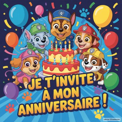Invitation d'anniversaire virtuelle pour enfants avec des personnages de Pat'patrouille autour d'un gâteau coloré et des ballons.