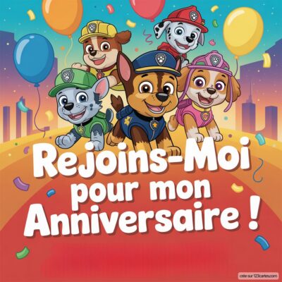 Invitation anniversaire virtuelle pour enfants sur le thème Pat'patrouille, montrant les chiens mascottes avec des ballons colorés.