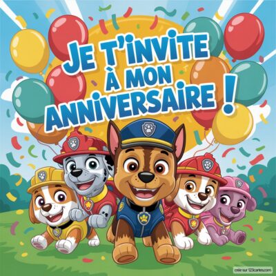 Invitation anniversaire virtuelle gratuite sur fond coloré, avec les personnages de Pat'patrouille et des ballons festifs.