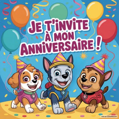Invitation anniversaire virtuelle sur le thème Pat'patrouille avec trois chiots souriants portant des chapeaux et des ballons colorés.