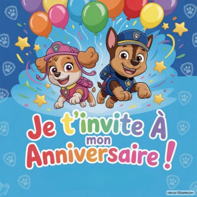 Invitation anniversaire virtuelle pour enfants avec les personnages de Pat'patrouille, décorée de ballons colorés et d'étoiles.