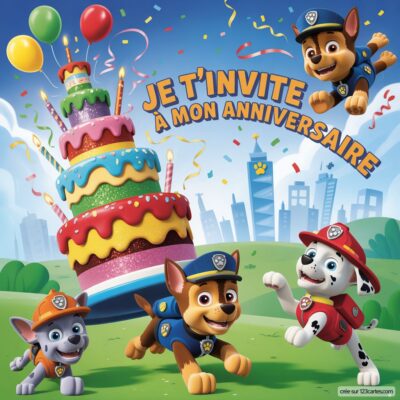 Invitation d'anniversaire virtuelle sur le thème Pat'patrouille, avec un grand gâteau coloré et les personnages Chase, Marshall et Rubble.
