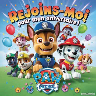 Invitation d'anniversaire virtuelle pour enfants, avec les personnages de Pat'patrouille et des ballons colorés.