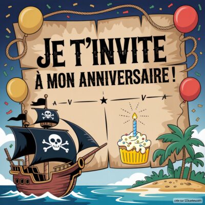 Invitation d'anniversaire virtuelle pour enfants, thème pirates avec un bateau, une île et un gâteau d'anniversaire.