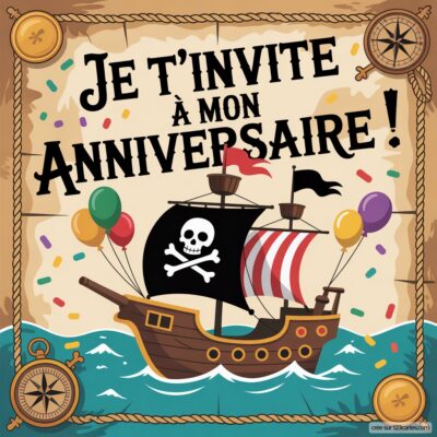 Invitation d'anniversaire virtuelle pour enfants sur le thème des pirates, avec un bateau, des ballons et des confettis colorés.