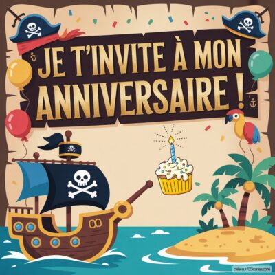 Invitation colorée pour un anniversaire d'enfant sur le thème des pirates, avec un bateau, des ballons et un gâteau.
