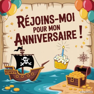 Invitation d'anniversaire virtuelle pour enfants sur le thème des pirates, avec un bateau noir, un gâteau et un coffre au trésor.