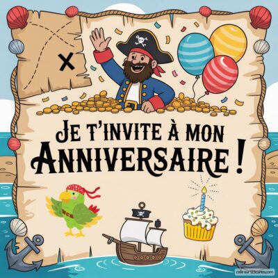 Invitation d'anniversaire virtuelle sur le thème des pirates, avec un pirate, un perroquet, un gâteau et des ballons colorés.