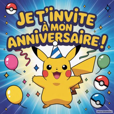 Invitation d'anniversaire virtuelle pour enfants avec Pikachu en fête, entouré de ballons et Pokéballs, sur fond coloré.