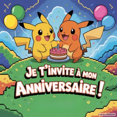 Invitation d'anniversaire virtuelle pour enfants, avec deux Pikachu joyeux autour d'un gâteau sur un fond coloré et festif.
