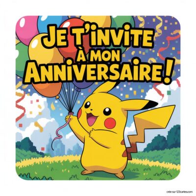 Invitation d'anniversaire virtuelle avec Pikachu tenant des ballons colorés, texte en grand sur fond festif : « Je t'invite à mon Anniversaire ! »