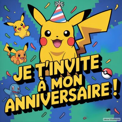 Invitation d'anniversaire virtuelle pour enfants avec Pikachu et d'autres Pokémon colorés, sur fond festif et joyeux.