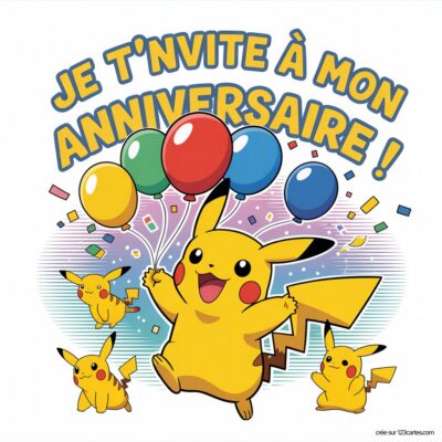 Invitation anniversaire virtuelle pour enfants avec Pikachu tenant des ballons colorés et des confettis autour de lui.