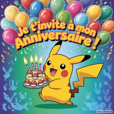 Invitation anniversaire virtuelle pour enfants, avec Pikachu tenant un gâteau et des ballons colorés en arrière-plan.