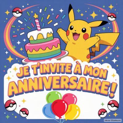 Invitation d'anniversaire virtuelle pour enfants sur le thème Pokémon, avec Pikachu, un gâteau coloré et des ballons.