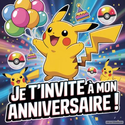Invitation à un anniversaire virtuel pour enfants, avec Pikachu joyeux tenant des ballons et des Pokéballs colorées.