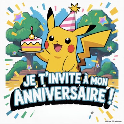 Invitation anniversaire virtuelle pour enfants avec Pikachu tenant un gâteau et portant un chapeau de fête, décorée d’arbres.