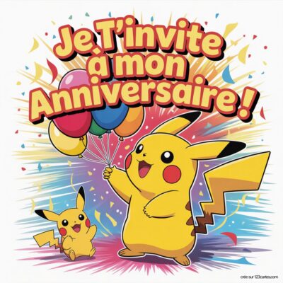 Invitation d'anniversaire virtuelle colorée avec Pikachu et un petit Pikachu tenant des ballons. Texte : « Je t'invite à mon anniversaire ! »