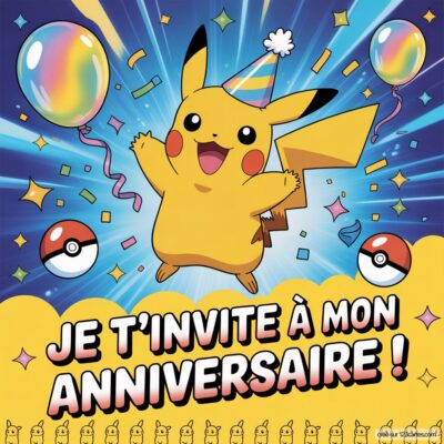 Pikachu souriant avec un chapeau de fête, entouré de ballons colorés et de Poké Balls, invite à un anniversaire Pokémon.