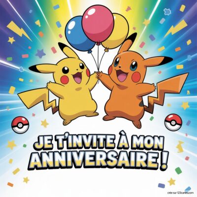 Deux Pikachu souriants tiennent des ballons colorés. Arrière-plan festif avec des étoiles et des confettis. Invitation anniversaire.
