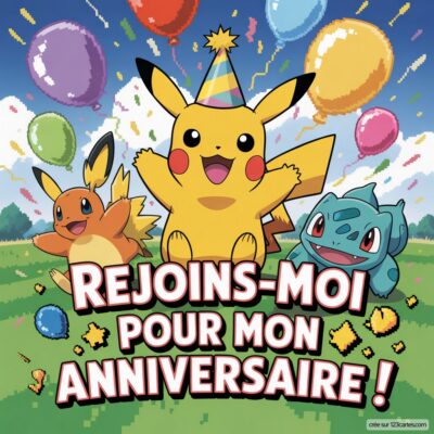 Invitation anniversaire virtuelle pour enfants sur le thème Pokémon avec Pikachu, Évoli et Bulbizarre entourés de ballons colorés.