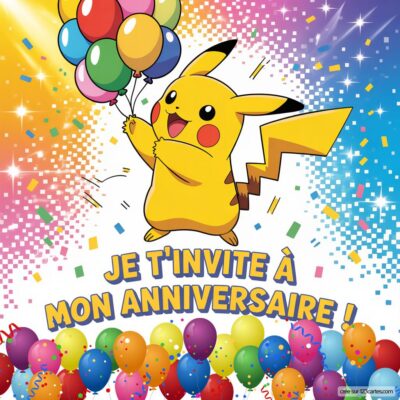 Pikachu tient des ballons colorés sur un fond festif. Texte : Je t'invite à mon anniversaire ! Décorations et confettis.