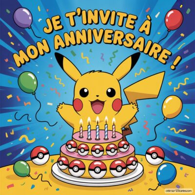 Invitation d'anniversaire virtuelle avec Pikachu et un gâteau décoré de Pokéballs, entouré de ballons colorés et de confettis.