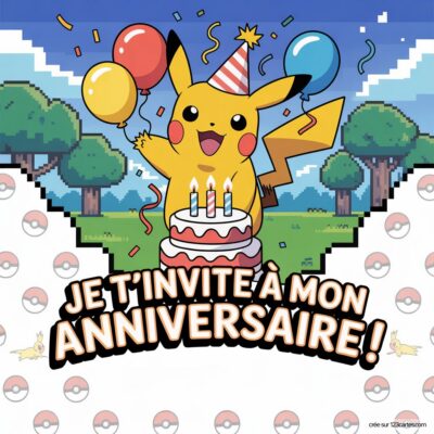 Invitation d'anniversaire virtuelle sur le thème Pokémon, avec Pikachu portant un chapeau de fête, des ballons et un gâteau.