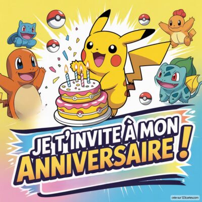 Invitation d'anniversaire virtuelle sur le thème Pokémon avec Pikachu entouré de Charmander, Bulbasaur et Squirtle, et un gâteau.
