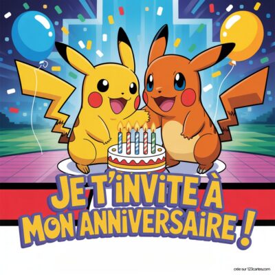 Invitation d'anniversaire virtuelle pour enfants avec Pikachu et Évoli, un gâteau et des ballons colorés en arrière-plan.